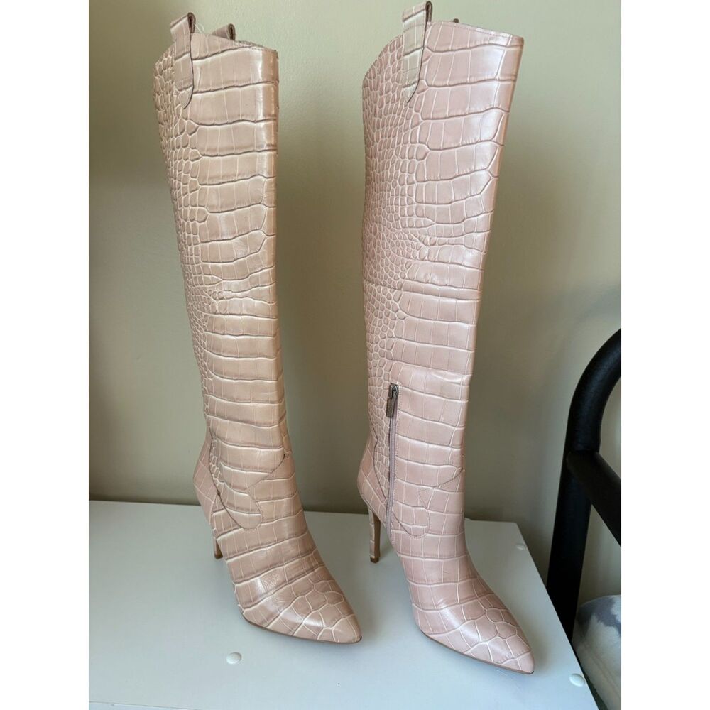Vince Camuto Kervana Croc Embossed Knee High Stiletto Boots Blush Pink 7M
